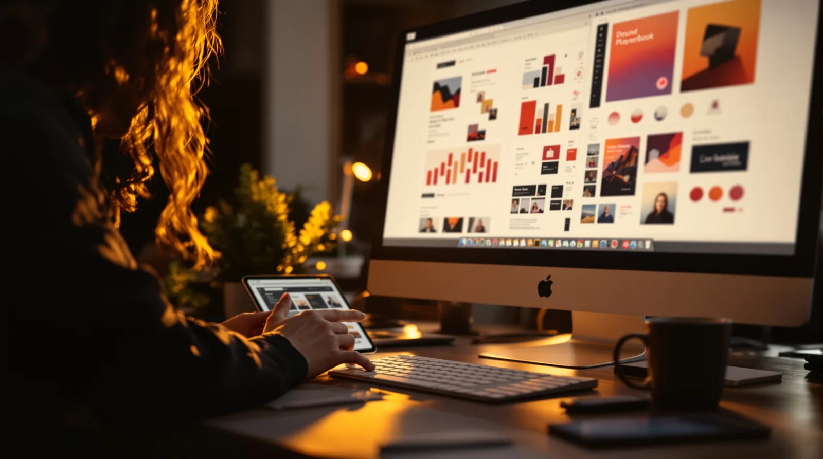 Brand designer workspace — Design Playbook, tablet with the full creative suite open, iMac — the tools and craft of building a brand