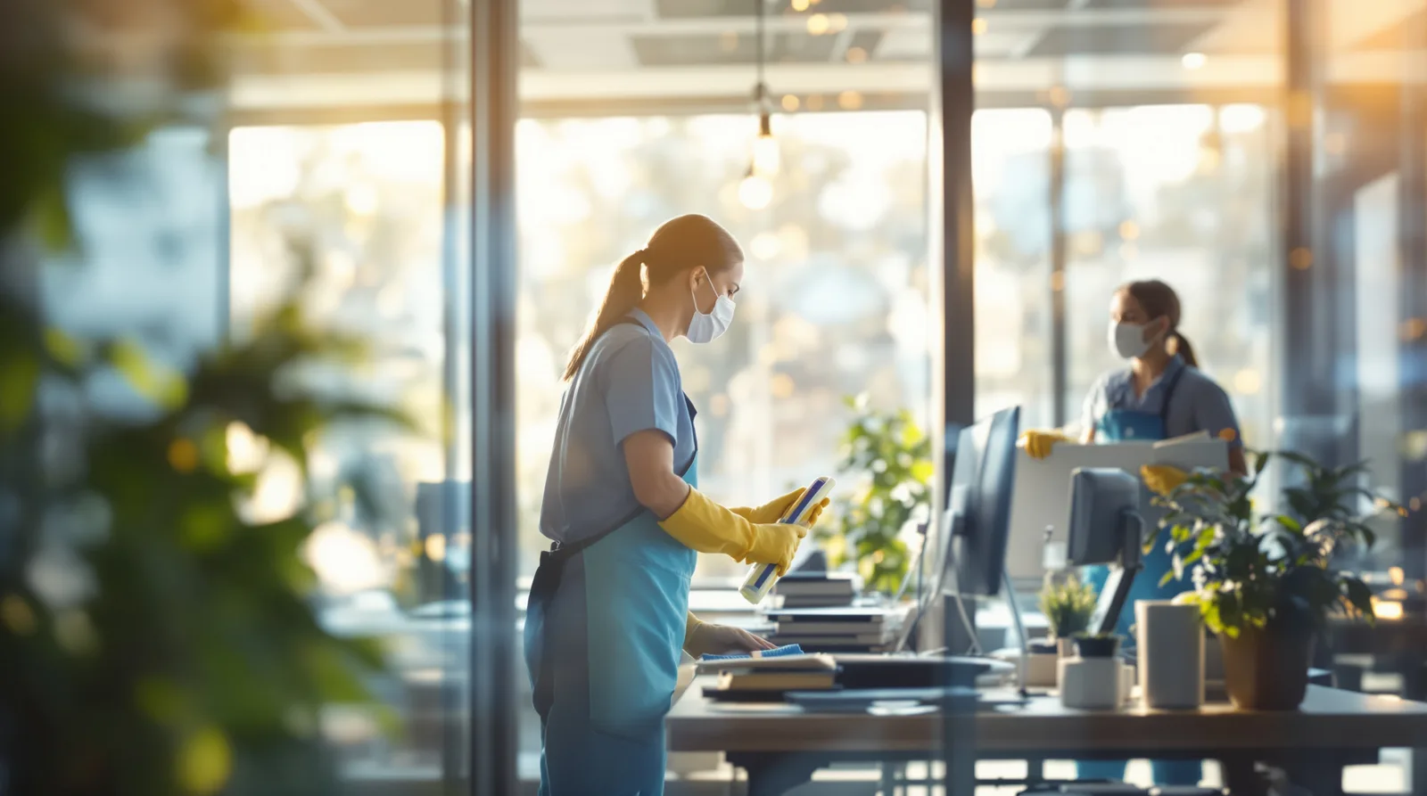 Professional cleaners servicing a bright office
