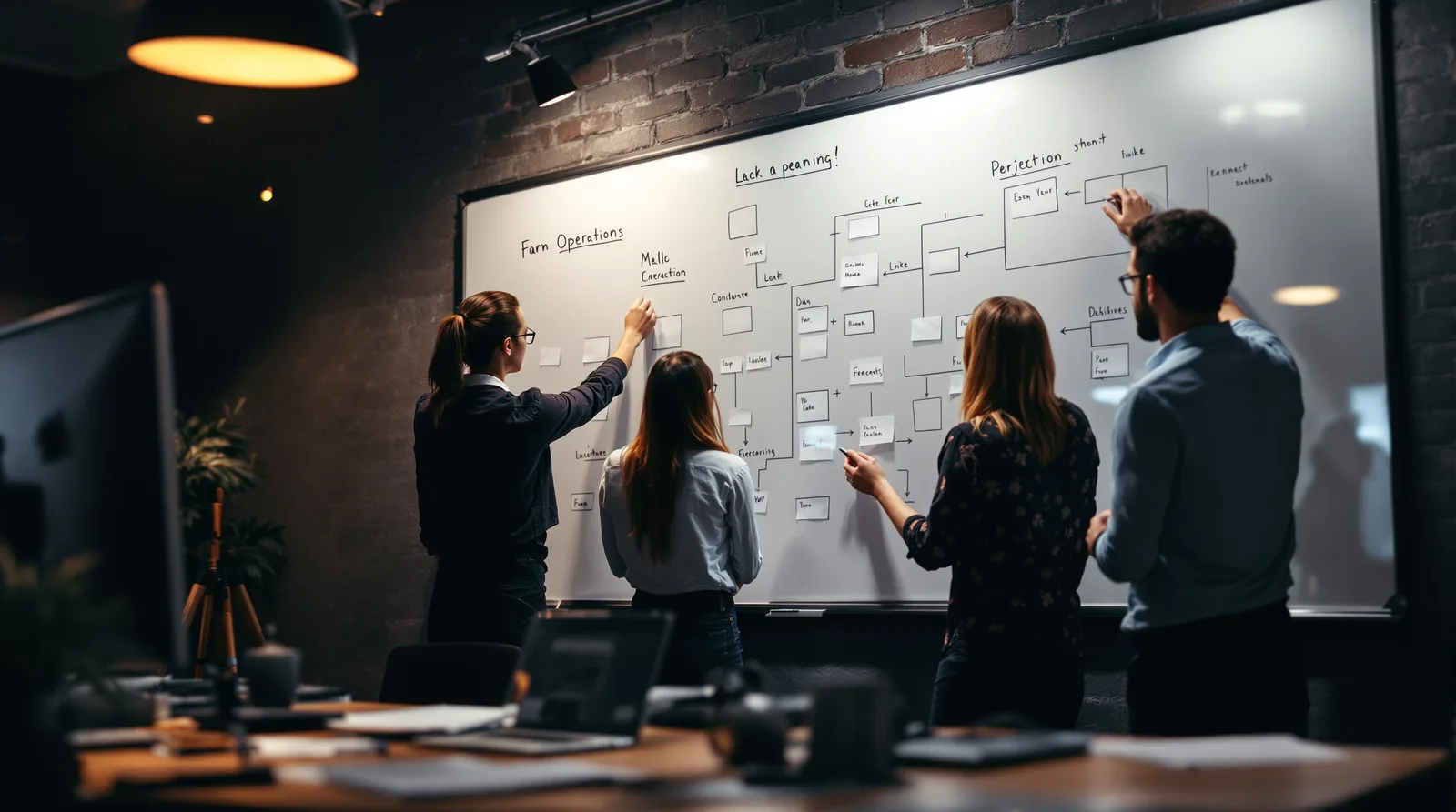 Team at a whiteboard mapping a business operations workflow