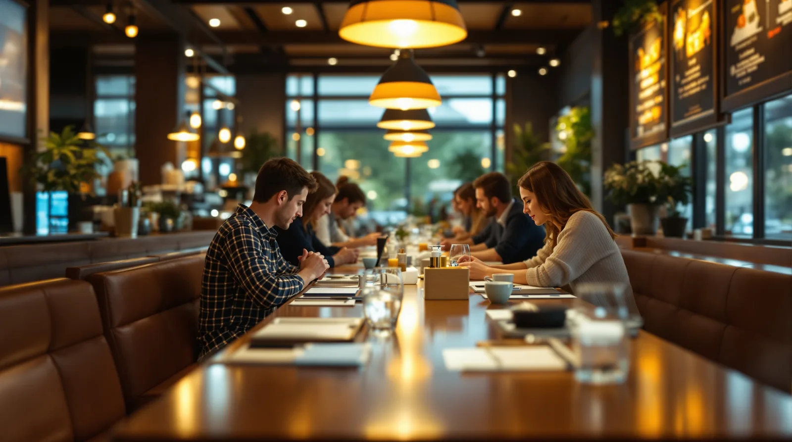 Warmly lit restaurant interior with diners
