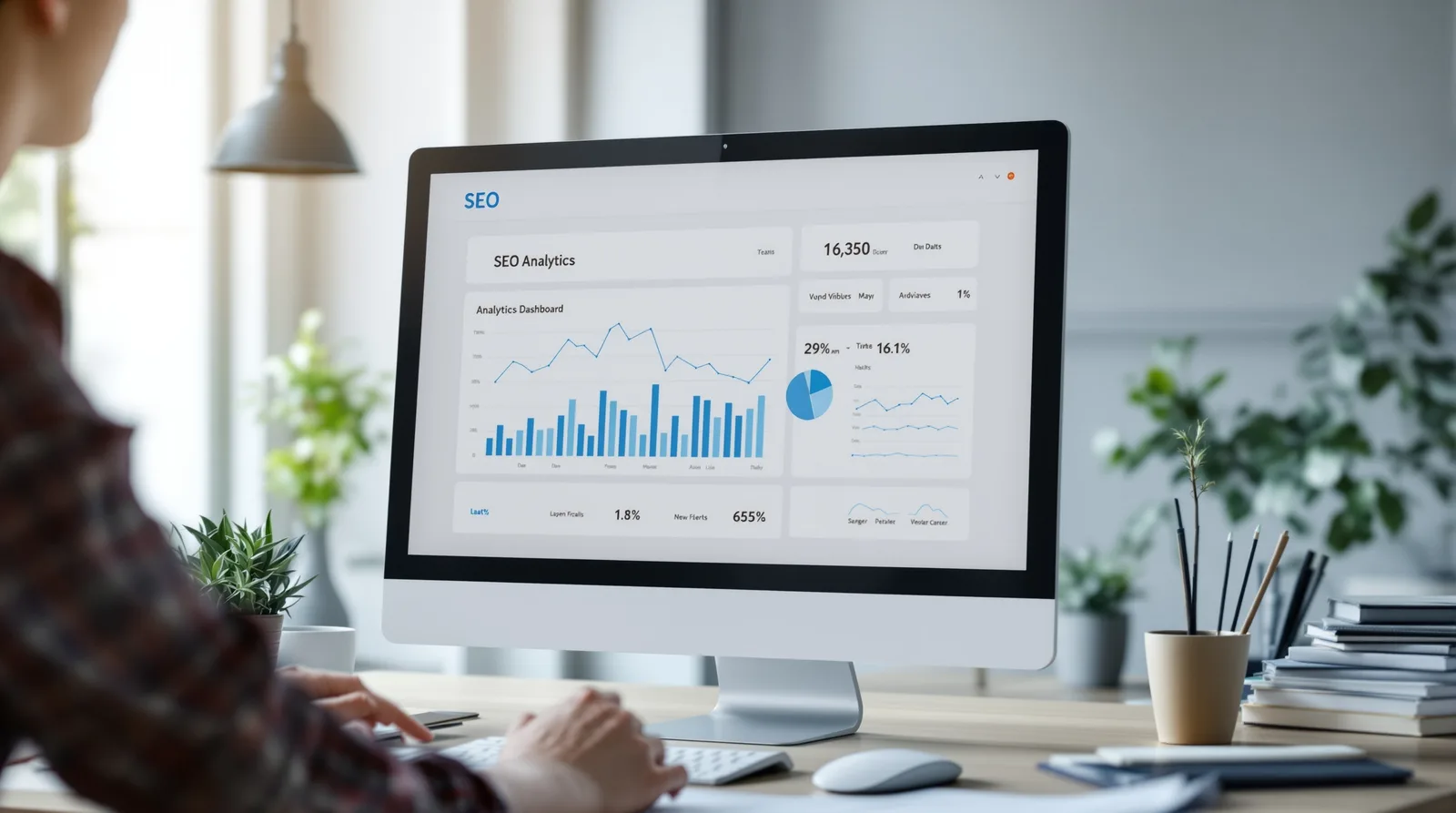 SEO analytics dashboard on a desktop monitor